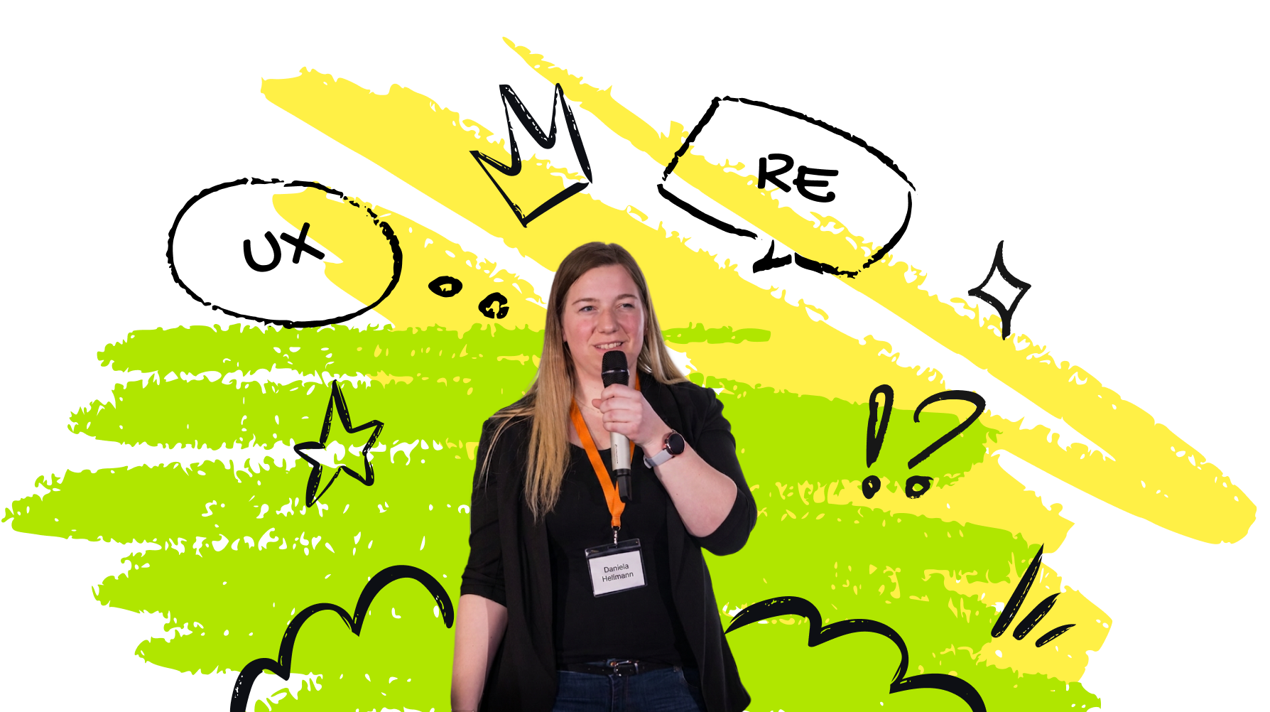 Daniela Hellmann mit Mikrofon – Product Discovery, UX und Strategie